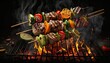 skewers with meat kebabs and vegetables on flaming bbq illustrations, ai art