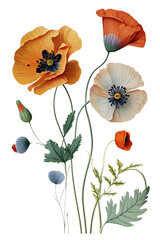 isolated colorful botanical drawings of poppy flowers, spring, illustration, transparent background,