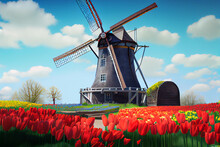 Illustration Of A Traditional Dutch Windmill In A Field Of Flowers. Generative AI.