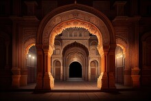 Glimpsing History: Illuminated Archway Of An Ancient Indian Palace At Dusk. Generative AI