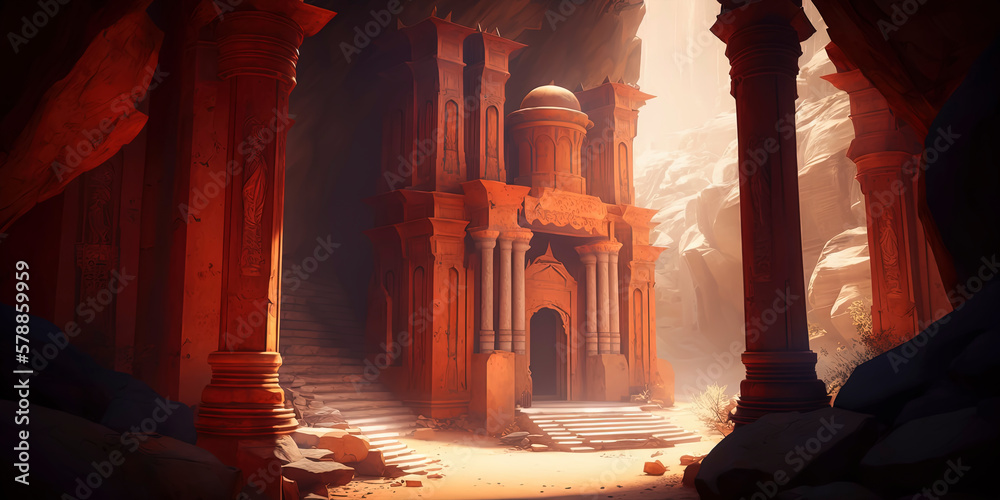 Temple of the Oracle inside the red orange granite canyon, fusion of ...