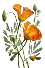 isolated orange California poppies, spring, illustration, transparent background, png, generative ai