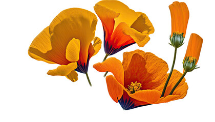 isolated orange California poppies, spring, illustration, transparent background, png, generative ai