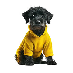 Black dog wear yellow suit isolated on background