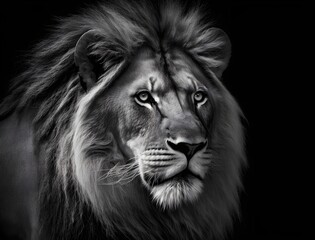 Portrait of a large African lion, male, black and white photograph of isolated wild savanna lion 