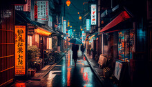 Cartoon Anime Style Illustration Of A Silhouette On A Rainy Night Scene In A Japanese Street With Neon Lights. Inspired In Manga And Studio Ghibli. Generative Ai.