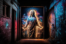 Neon Jesus: A Startling Image In The Dark Alleyway. Generative AI