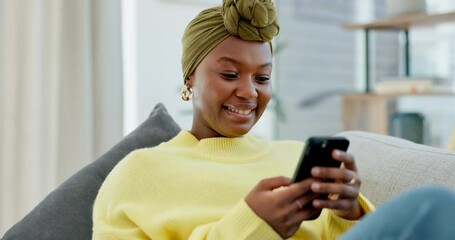 Poster - Relax, black woman on couch and smartphone for social media, connection and happiness in living room. African American female, happy lady and cellphone for typing, online reading and rest in lounge