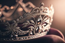 Diamond Silver Tiara Details. Golden Crown With Jewels. Sparkling Jewelry Princess Queen.