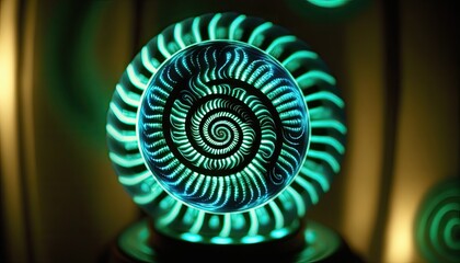 Wall Mural - Neon light spiral design. Intricate ornate machine fan. Glowing colors wallpaper background.