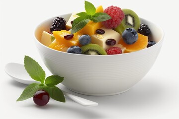 Poster - White background with a mixed fruit salad in the bowl. Generative AI