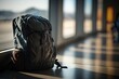 Focus on bag within a blurred background of a typical airport interior bathed in sunlight from a window; a conceptual image for a trip. Generative AI