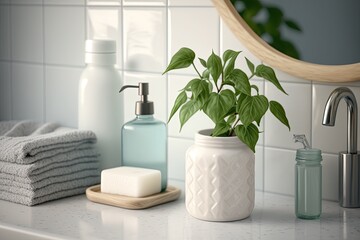 Wall Mural - Bathroom counter with soap dispenser, toothbrush holder, white towel, and house plant, with a tiled wall in the backdrop. Looking forward. Location for copying. Generative AI