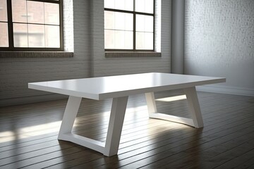 Poster - Elevated loft style coffee table in white. An elongated table that can be used for standing. Generative AI