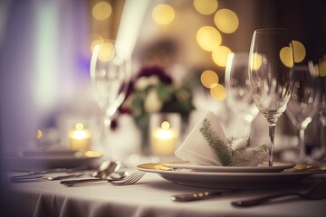 Poster - fine dining can be enjoyed at these elegantly set tables with their glassware and beautiful blurred 
