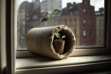 Canvas Print - Zero waste urban window gardening involves starting seedlings of edible plants in unused rolls of toilet paper. Generative AI