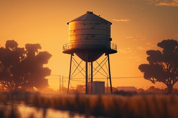 Wall Mural - A water tower, often called a water tank or watertower, is a pressurized storage and distribution reservoir for drinking water that is often installed in high traffic areas for the purpose of fire pre