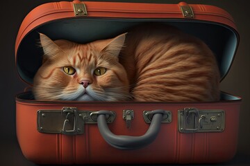 Canvas Print - A red domestic cat waits in a luggage or suitcase for its next adventure. A Slumbering Cat Inside a Suitcase. Generative AI