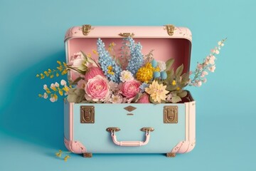 Poster - beautiful bouquet in a suitcase ready for its next adventure. on a background of baby pink and elect