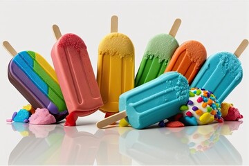 Poster - Isolated on a white background is a rainbow of colorful popsicle sweets. Generative AI