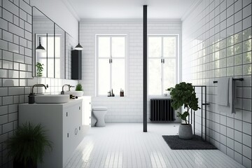 Wall Mural - A sleek and contemporary bathroom with white tiles and minimal fixtures. Generative AI