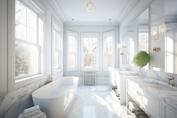 Wall Mural - Spa like bathroom decked out in pristine white marble, Large windows let in plenty of daylight and complement the room's oak floors and white tile walls. Generative AI