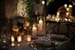 table decorated with candles for a wedding reception held at night. Generative AI