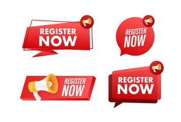 Aufkleber - megaphone label set with text register now. megaphone in hand promotion banner. marketing and advert