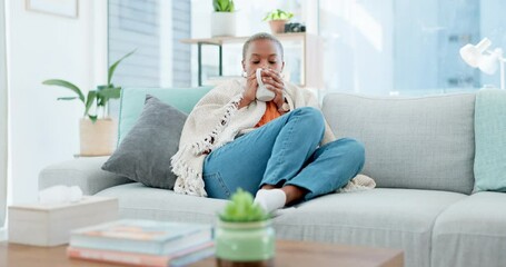 Poster - Relax, coffee and black woman on sofa in home living room drinking caffeine, espresso or cappuccino. Tea, thinking and African female relaxing on couch in lounge with beverage and blanket in house.