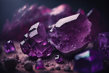Poster - Intensely purple crystals of amethyst. Gems. Crystals of minerals found in their native settings. Gemstones and other precious and semiprecious materials. Copy space tinted like the reflective surface