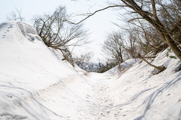 石川県金沢市にある医王山、白兀山を雪山登山している風景 Scenery of snow climbing Mt. Iozen and Mt. Shirahage in Kanazawa City, Ishikawa Prefecture, Japan. 