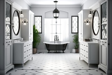 Sticker - Interior of gorgeous bathroom with white walls, tiled floor, cozy bathtub and double sink. Generative AI