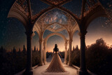 princess walking in a beautiful dress, at night, generative ai