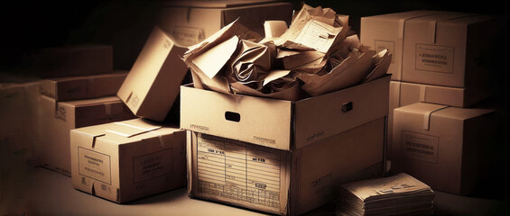 Cardboard boxes, paper scrap,  paper garbage, for paper recycling or reuse. Generative AI.
