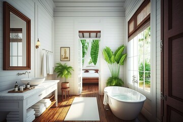 Sticker - A white bathroom with a tub and a wooden floor. A wide angle view of the tropics, a sink with a mirror, a shower, and all the amenities you'd expect from a hotel. Generative AI