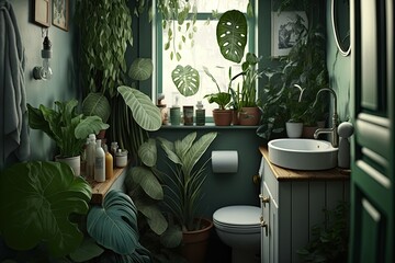 Canvas Print - A green haven is created in this little bathroom by a collection of potted plants, including a pancake plant and a swiss cheese plant. Generative AI