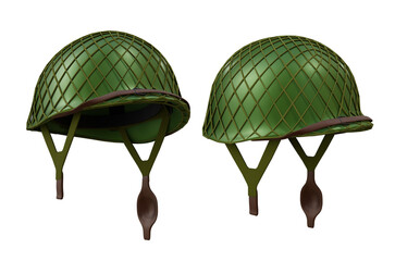 3d rendering of green world war two helmet with mesh net perspective view