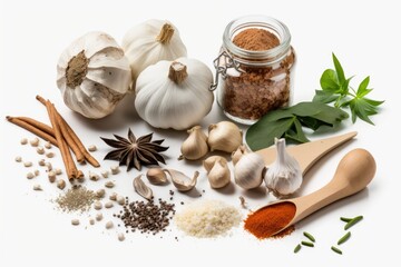 Poster - kitchen staples including garlic, pepper, spices, and herbs on a white background. this is a fantast