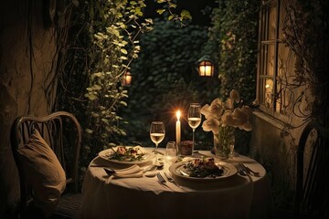 Wall Mural - An intimate dinner for two in a romantic setting. Generative AI