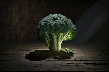 Wall Mural - On a dark wooden table, a fresh head of broccoli sits out in the open. perspective from on high. Generative AI