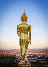 Evening, Golden Buddha Statue In Khao Noi Temple, Nan Province, Thailand