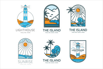 beach logo on tropical island with palm trees and sunset ocean waves, lighthouse badge vector illust