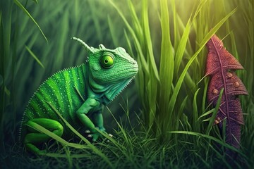 Poster - Grasshopper on the green grass, chameleon on the green grass. Generative AI