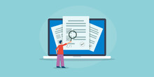 Businessman With Magnifier Examine Signed Contract Digital Agreement On Laptop Screen, Flat Design Vector Illustration.