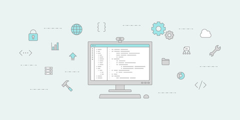 webプログラミングのコンセプトイラスト、フロントエンド・バックエンド・フルスタック開発のイメージ図