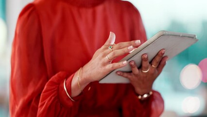 Poster - Scrolling, email and hands of a woman with a tablet for communication, website and connection. Business, social media and employee typing on technology for networking, research and search online
