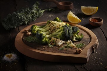 Poster - Broccoli with breadcrumbs and thyme, served on a wooden platter. wood as a setting. Perspective from on high. Generative AI