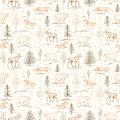 Graphic hand drawn scandinavian forest seamless pattern. Woodland forest animals bear, fox, moose, plants, spruce on beige background . Vintage style engraving. Nature wallpaper for children's room.