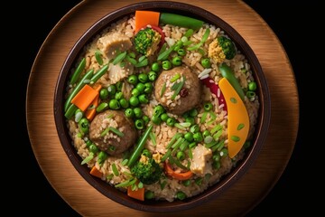 Canvas Print - Meatballs in a vegetable filled fried rice dish cooked in house. Healthy and well balanced meals. Perspective from on high. Generative AI