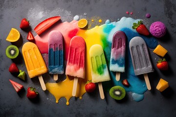 Canvas Print - Ice pops in a rainbow of colors, made from a variety of summer fruits. This close up, top down shot is set against a slate gray banner background. Generative AI